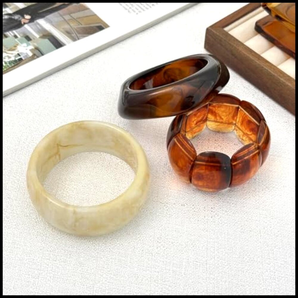 Chunky Tortoise Shell Resin Bangle Set Stackable … - image 4